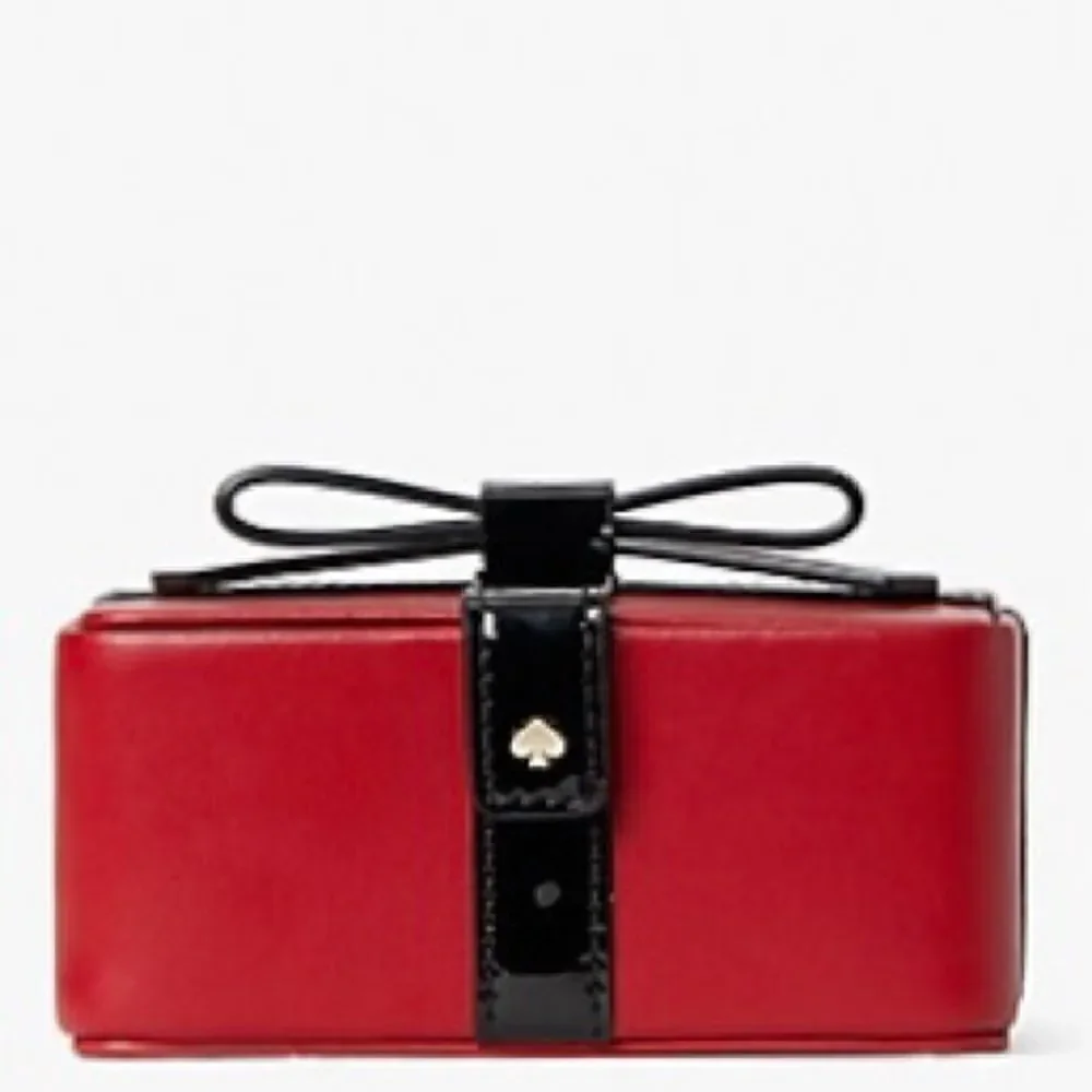 KATE SPADE GIFT/CANDY BOX LEATHER JEWELRY BOX IN RED CURRANT BLACK BOW NEW